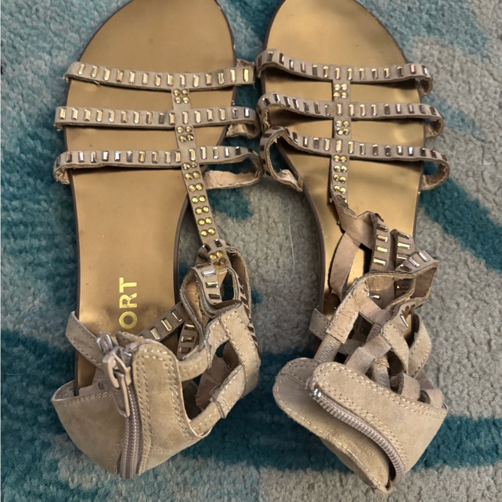 Report Tan and Gold Sandals with Strappy Design